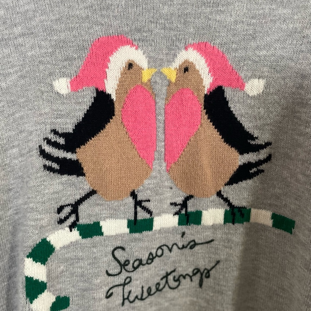 Talbots Gray Holiday Bird Intarsia Cowl Sweater with Pink Accents - Picture 2 of 6